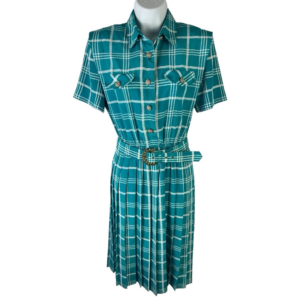 Vintage Leslie Fay Dress Belted Windowpane Plaid Teal White sz 6P